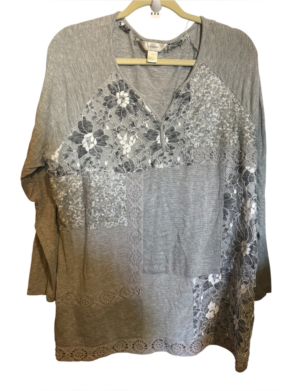 Cj banks women’s 1x plus lagen look patchwork long sleeve boho blouse top 
Lace